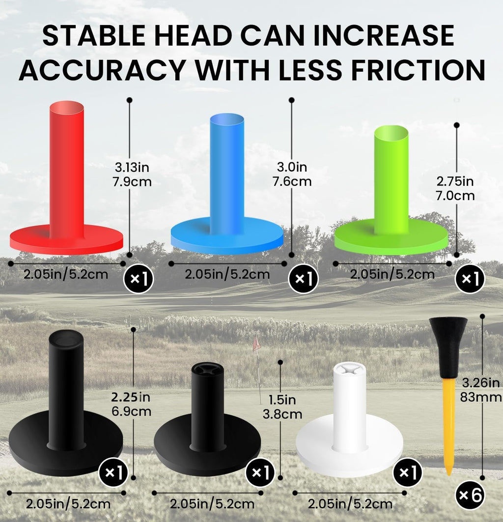 Premium Golf Rubber Tees Value Pack - 6 Durable Tees (3 1/4 Inch) + 6 Versatile Plastic Tees (1.5" to 3.13") for Stable Driving Range Practice on Mats & Turf