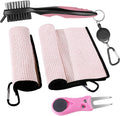 Golf Microfiber Towels Gifts Kit,Golf Cleaning Accessories Waffle Golf Towels,Golf Brush,Golf Divot Tool,Suitable for Golf Lovers,Gift for Men Women and Children (Pink)