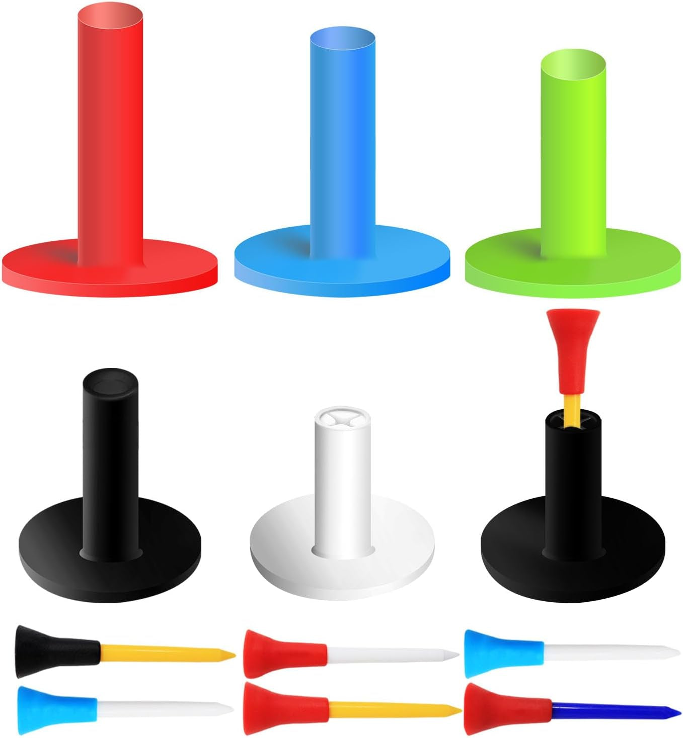Premium Golf Rubber Tees Value Pack - 6 Durable Tees (3 1/4 Inch) + 6 Versatile Plastic Tees (1.5" to 3.13") for Stable Driving Range Practice on Mats & Turf