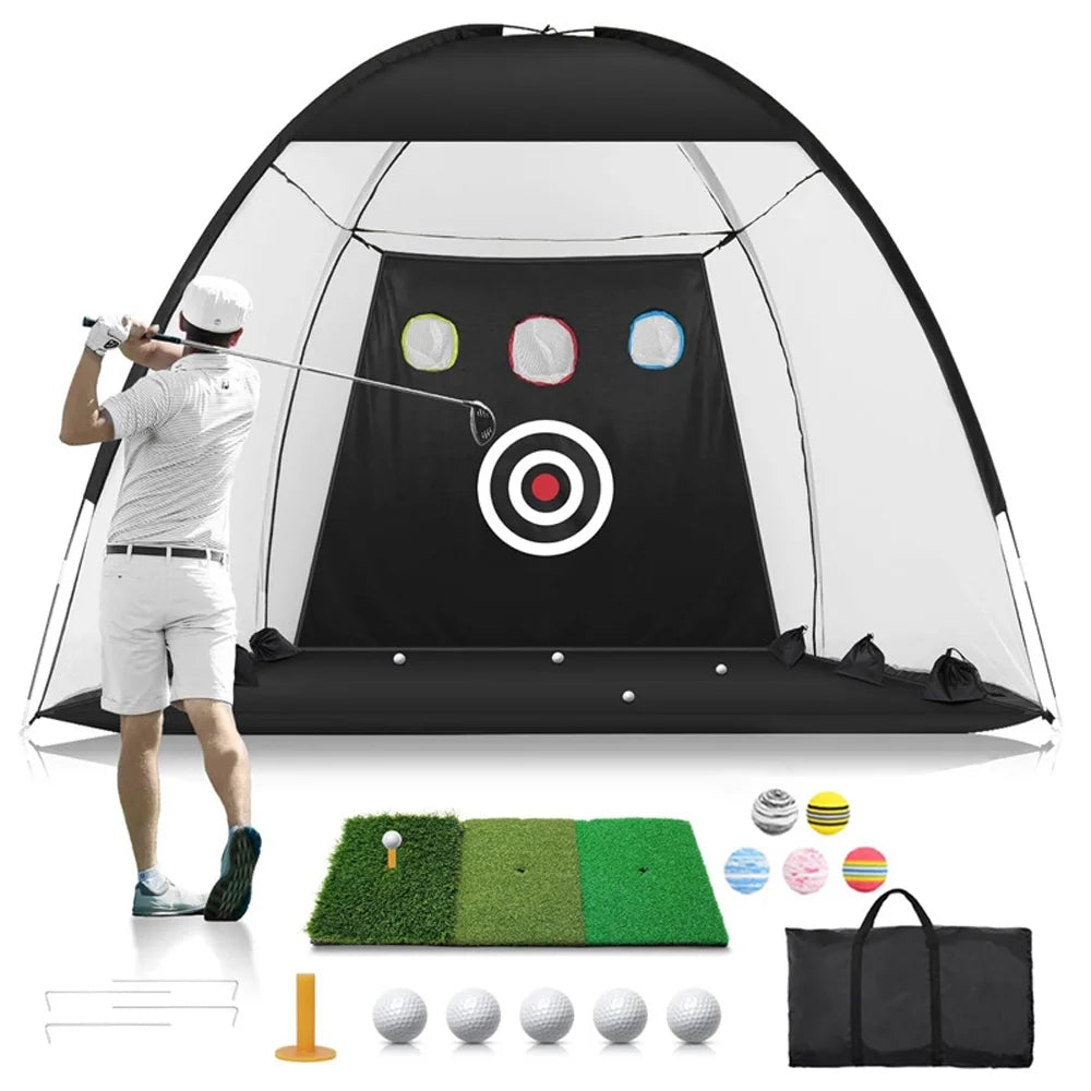 Professional Golf Practice Net with Mat - 9.8 x 7.8 Ft All-in-One Home Training Aid for Driving, Chipping, and Swing Improvement
